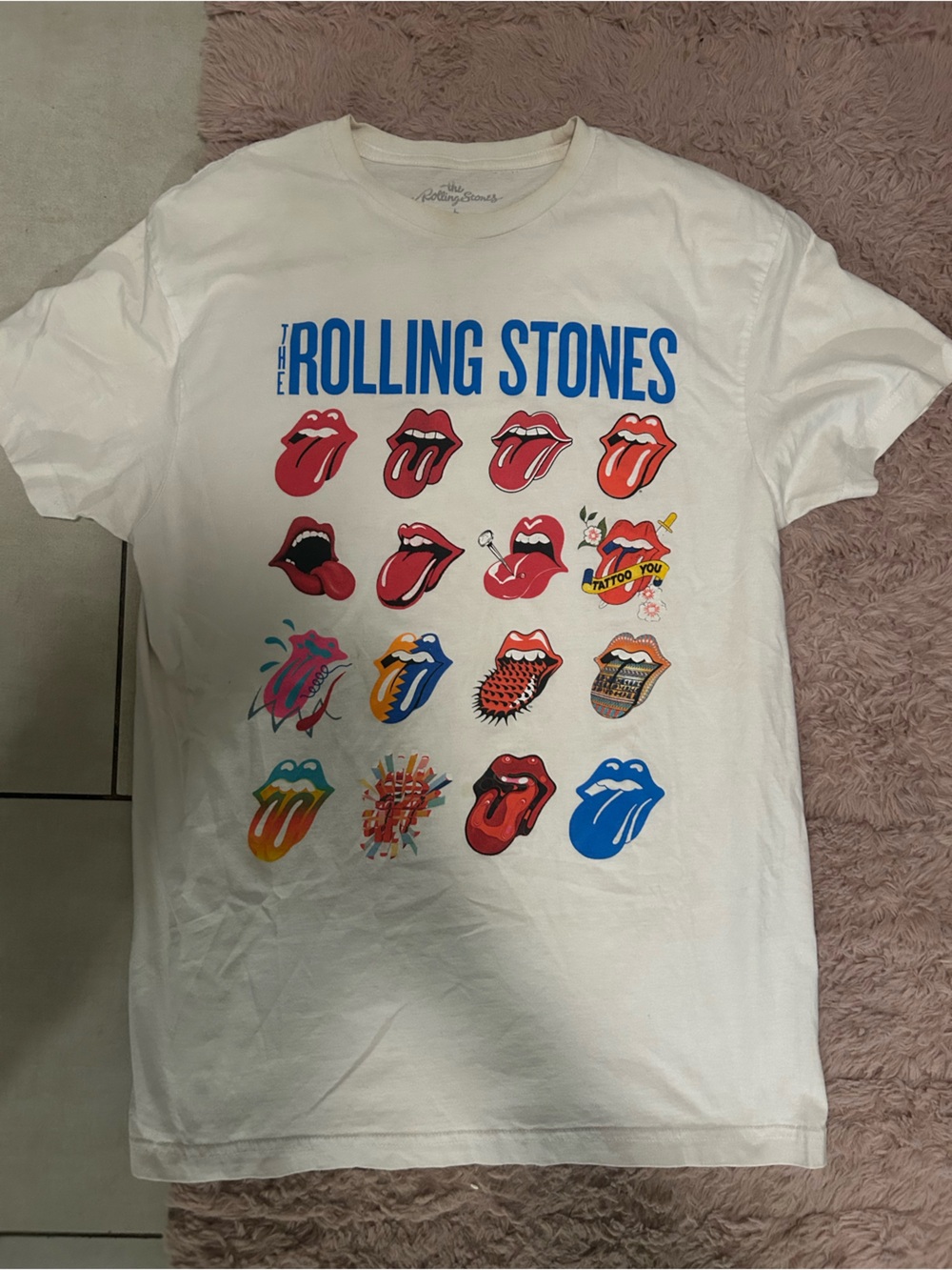 the Rolling Stones White Graphic Tee with Multicolor Tongue Icons